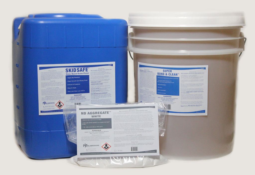 No Slip Skid Safe System™ For Tile, Porcelain, Brick or Limestone incl: SUPER BOND & CLEAN™ (pre-treatment), SKID SAFE™ ,  ND Aggregate™ - NEW DIMENSIONS SOLUTIONS, LLC